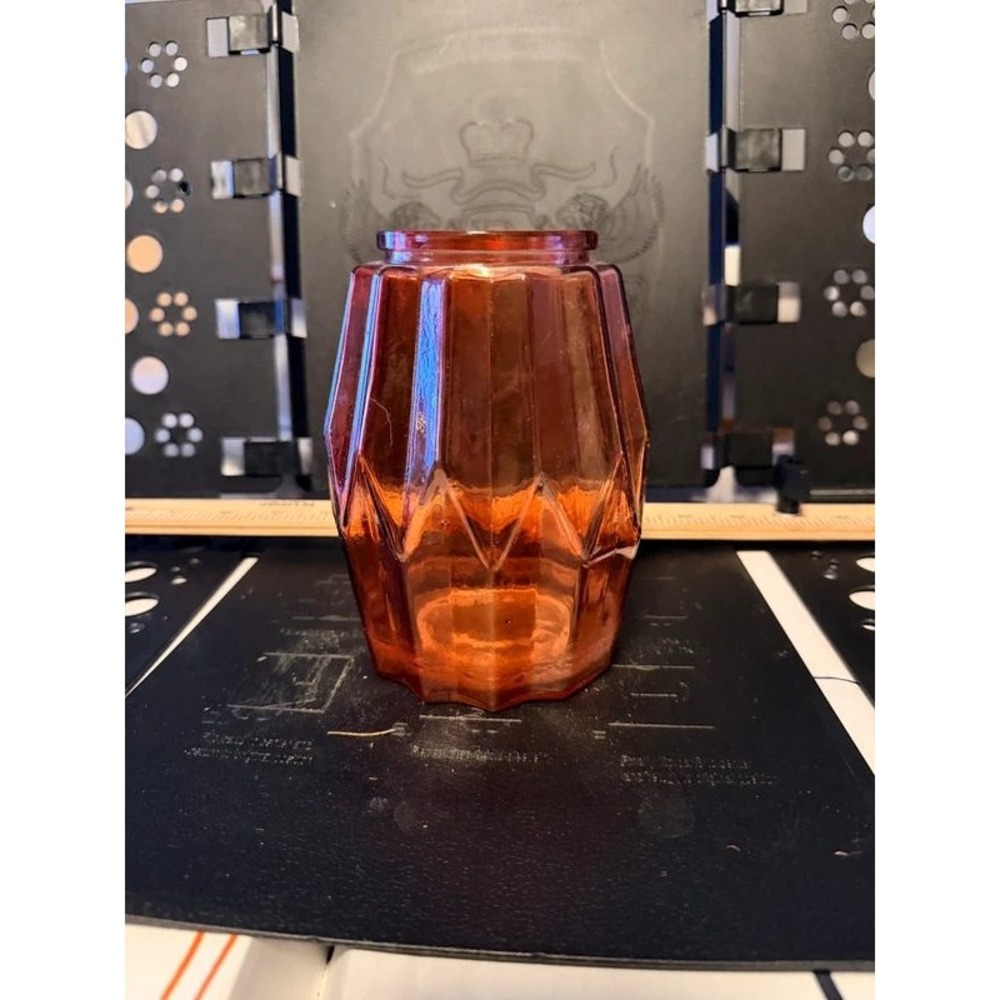 Vintage Amber Glass Geometric Faceted Vase Mid Century Modern Decorative Vessel